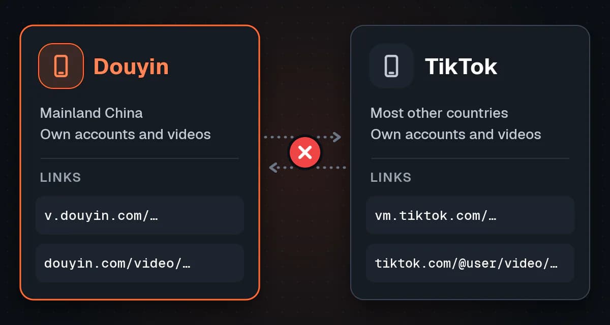 Two separate app cards: Douyin for mainland China with v.douyin.com and douyin.com/video links, and TikTok for most other countries with vm.tiktok.com and tiktok.com/@user/video links, with a cross showing links do not work across them.