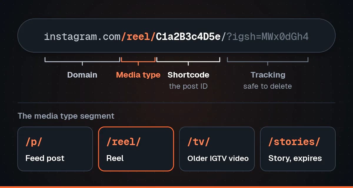 An Instagram Reel address split into its parts: the domain, the reel media type, the shortcode that identifies the post, and tracking after the question mark that can be deleted, above four cards for the p, reel, tv and stories types.