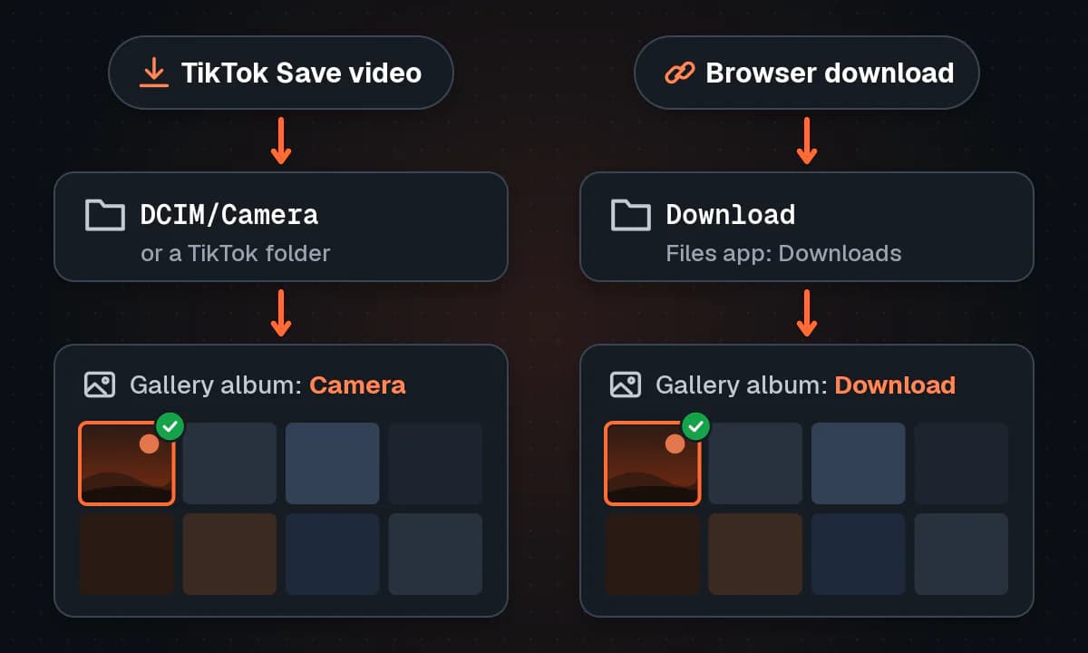 Two columns: TikTok's Save video writes to DCIM/Camera or a TikTok folder and shows in the Camera album, while a browser download goes to the Download folder and shows in the Download album.