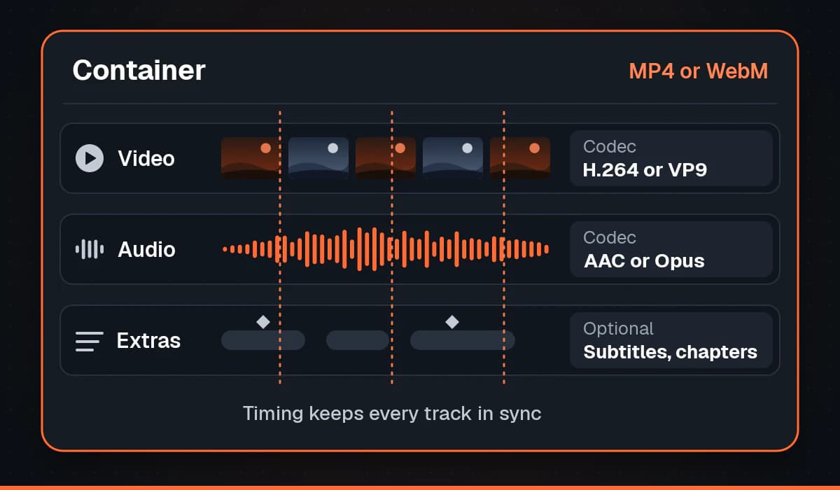A container box holding a video track, an audio track and extras such as subtitles and chapters, each lane labelled with its codec, and dashed timing lines running through all of them.