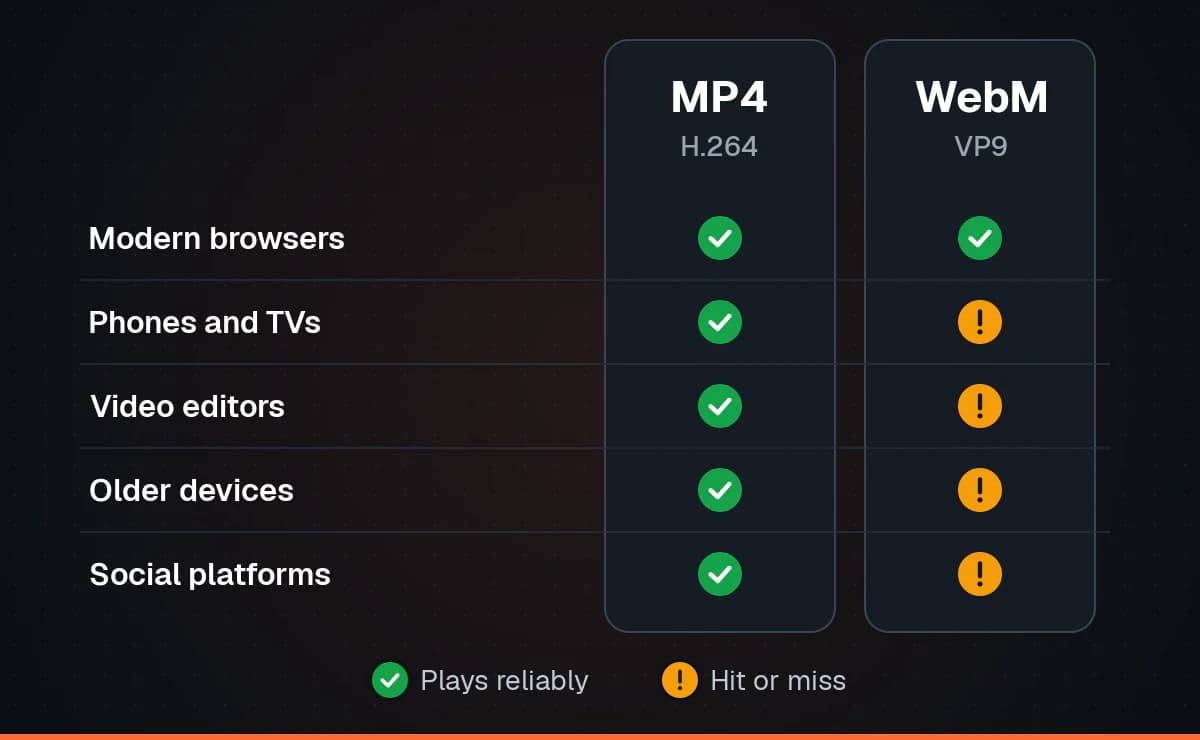 A comparison grid: MP4 with H.264 plays reliably in browsers, on phones and TVs, in video editors, on older devices and on social platforms, while WebM with VP9 is reliable in modern browsers and hit or miss everywhere else.