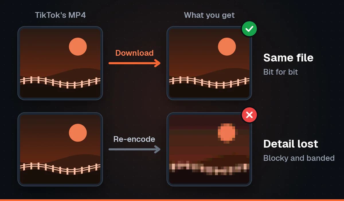 Two paths from the same video frame: downloading gives an identical frame with a green check, while re-encoding gives a blocky, banded frame with a red cross.