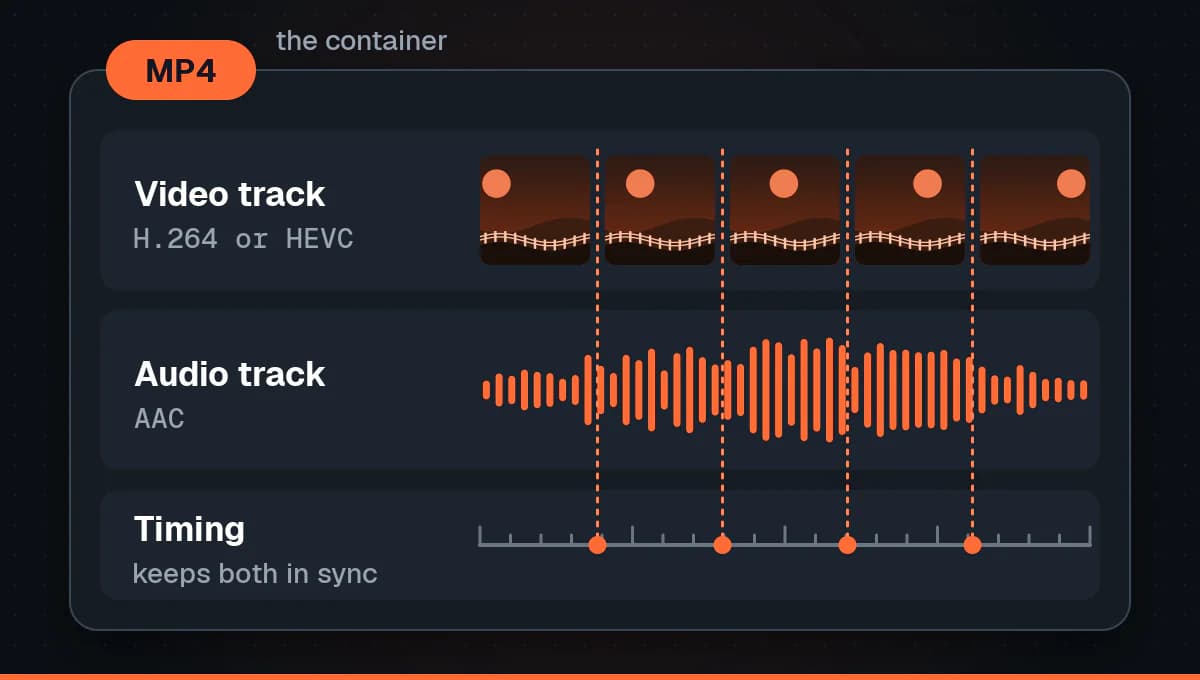 A box labelled MP4 holding three parts: a video track in H.264 or HEVC, an audio track in AAC, and timing marks that line the two up.